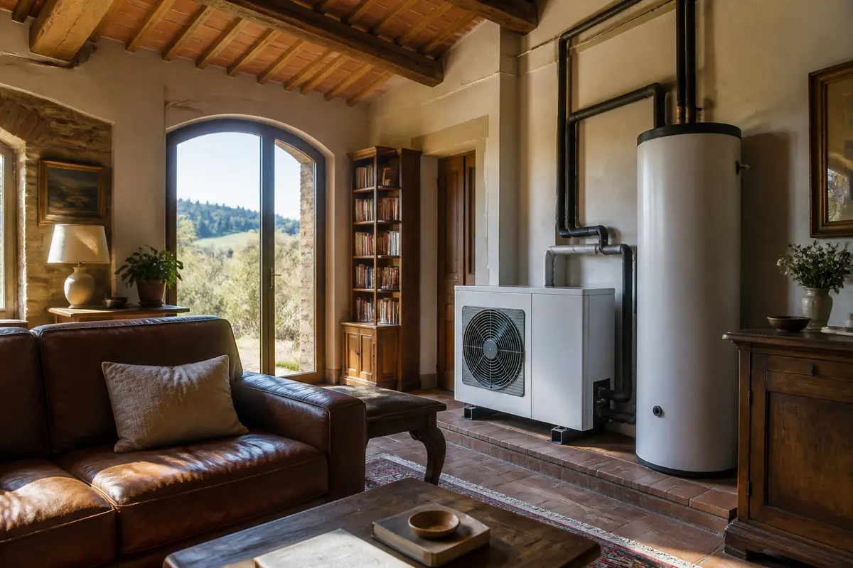 Soggiorno rustico con pompa di calore per riscaldamento casa, grandi finestre panoramiche.